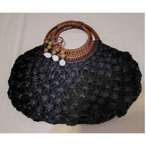 Coldwater‎ Creek Black Woven Bag Purse Wooden Handles Shell Beaded Accents